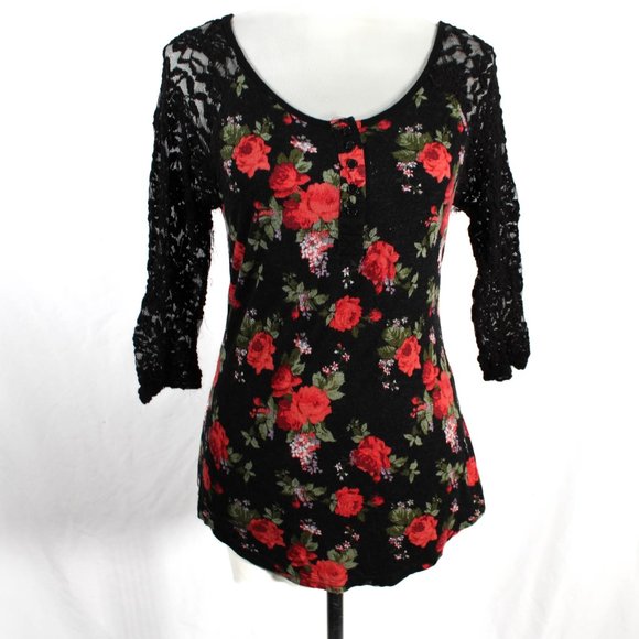 Rue21 Tops - Grunge Floral Rose and Black Lace 3/4 Sleeve Top